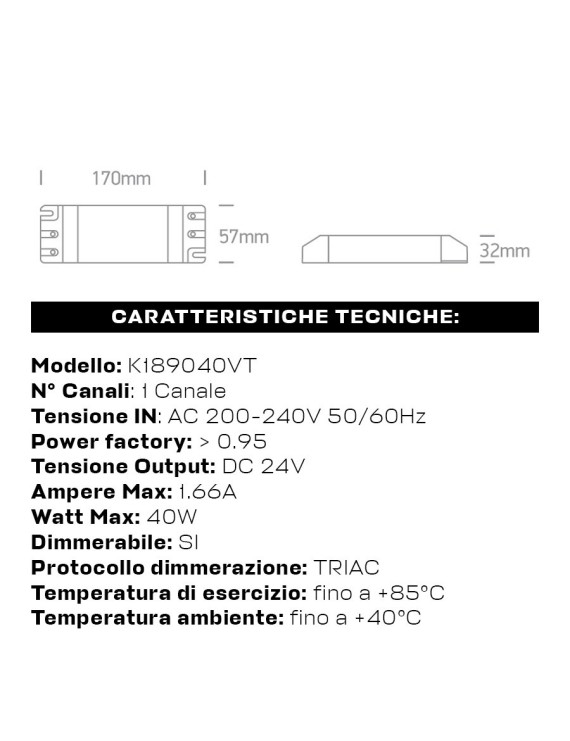 Alimentatore Triac 40W 24V Dimmerabile Taglio Di Fase Serie DIM K1