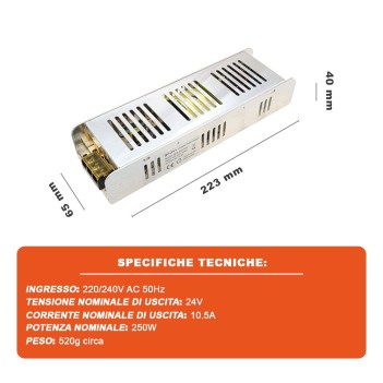 Alimentatore Metallico Slim 250W 24V per Strisce Led -