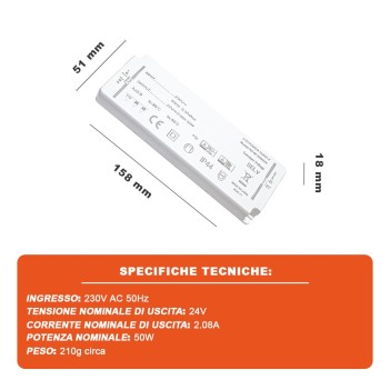 Alimentatore Slim IP44 50W 24V per Strisce Led - Serie