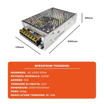 Alimentatore Traforato Metallico 240W 24V per Strisce Led -