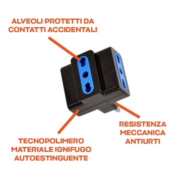 Adattatore 3 Posti Bipasso Spina 16A Multipresa colore Nero