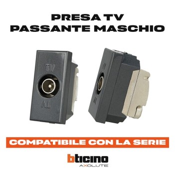 Black Male Pass-Through TV Socket - Compatible with Bticino Axolute Series en