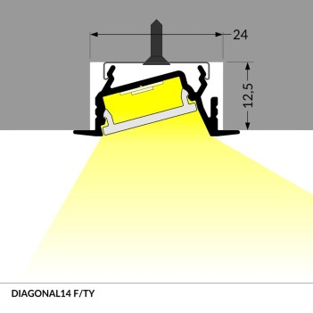 Recessed Aluminum Profile DIAGONAL14 for Led Strip - Black 2mt - Complete Kit en