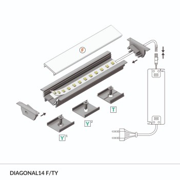 Recessed Aluminum Profile DIAGONAL14 for Led Strip - Black 2mt - Complete Kit en