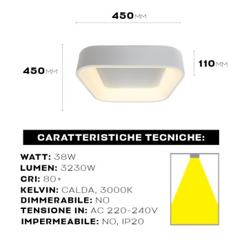 Plafoniera da Soffitto 38W 3230lm 3000K D450x450 IP20 Quadrata Colore Bianca Serie DECOR