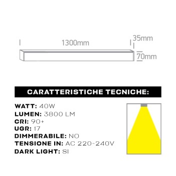 Plafoniera Led Lineare 40W 3800lm UGR17 CRI90 1300mm IP20 Colore Nera Serie OFFICE