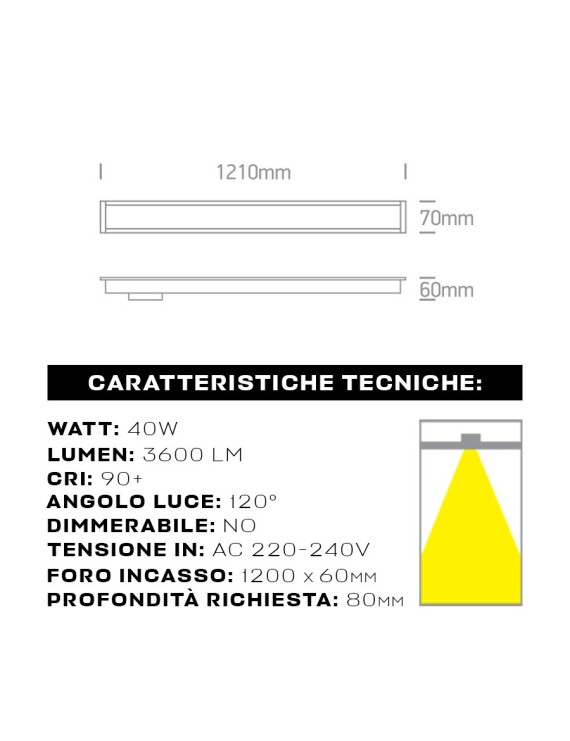 Plafoniera Led Lineare Da Incasso W Lm Cm Ip