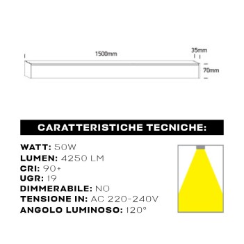 Plafoniera Led Lineare 50W 4250lm UGR19 CRI90 1500mm IP20 Colore Bianca Serie OFFICE