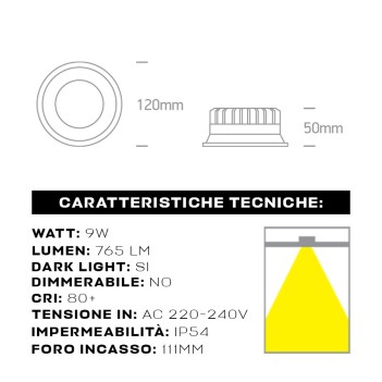 DARK LIGHT SERIES 9W IP54 recessed spotlight with 111mm hole, White color