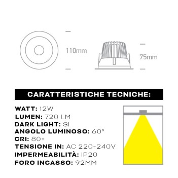 Faretto da incasso SERIE DARK LIGHT PRO 12W IP20 60D bianco con riflettore nero