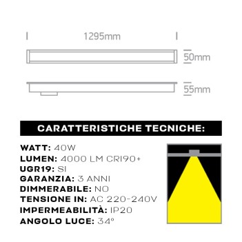 Plafoniera Led Lineare da incasso 40W 4000lm UGR19 CRI90 1295mm IP20 Colore Bianca Serie OFFICE