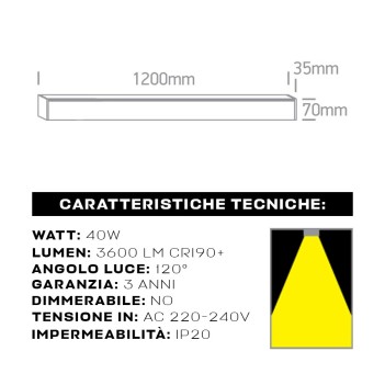 Plafoniera Led Lineare 40W 3600lm UGR19 CRI90 1200mm IP20 Colore Nera Serie OFFICE