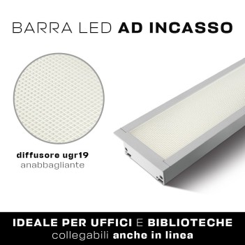 Plafoniera Led Lineare da incasso 40W 3600lm UGR19 CRI90 1210mm IP20 Colore Bianca Serie OFFICE