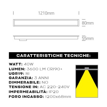 Recessed Linear Led Ceiling Light 40W 3600lm UGR19 CRI90 1210mm IP20 Black White OFFICE Series