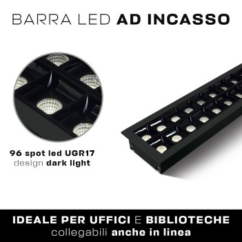 Plafoniera Led Lineare da incasso 40W 4000lm UGR17 CRI90 1300mm IP20 Colore Nero Serie OFFICE