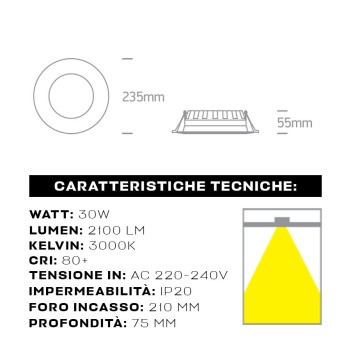 Downlight BUDGET 30W 2100lm 3000K IP20 120D Hole 210mm Colour White