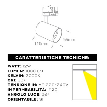 Faretto Led per Binario Trifase SERIE HONEY-COMB 12W 1000lm 3000K CRI90 36D Colore Bianco