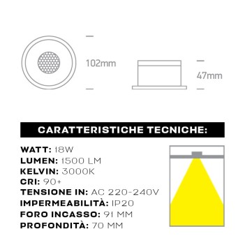 Downlight HONEYCOMB Faretto da Incasso 18W 1500lm 3000K IP20 UGR19 36D Foro 94mm Colore Bianco Dimmerabile