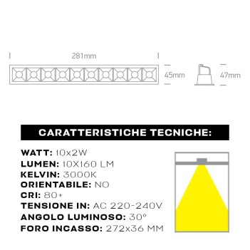 Faretto da incasso rettangolore Nero da 20W - Design Moderno