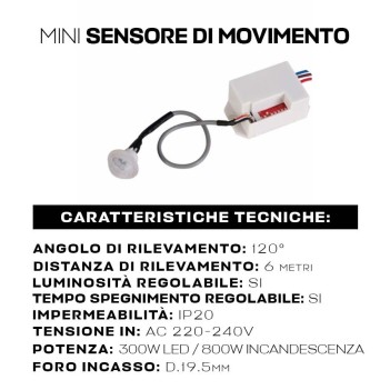 Sensore di movimento MINI 120D IP20 220V con luminosità e