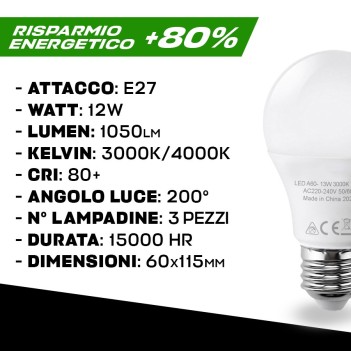 PROMO KIT 3 Lampadine Led Bulbo A60 E27 12W 1050lm