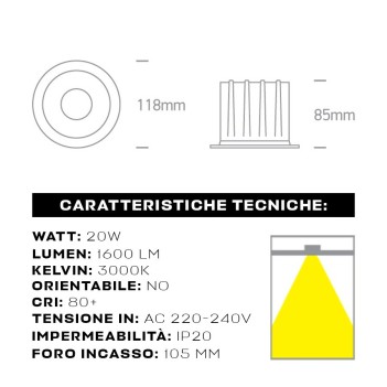 Faretto da incasso SERIE RETRO 20W CRI80+ 45D con foro 105