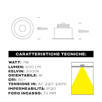 Adjustable 7W 600lm IP20 recessed spotlight holder with 70mm hole Desing Dark