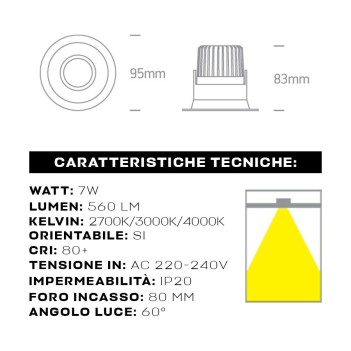 Downlight COB DARK LIGHT Faretto da Incasso 7W 560lm IP20 60D Foro 80mm Colore Bianco Orientabile