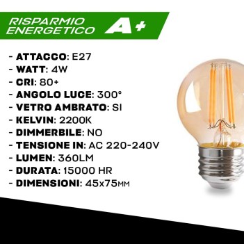 Lampadina Led G45 attacco E27 4W 360lm 2200K - Vetro ambrato