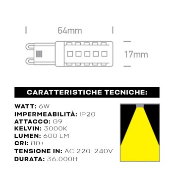 KING LED | Lampadina Led attacco G9 6W 600lm 3000K