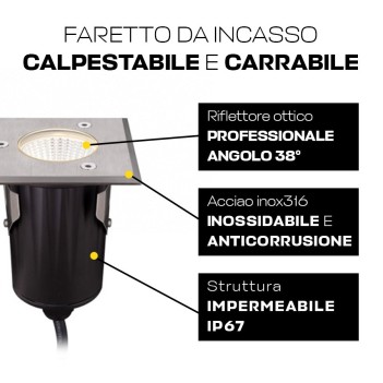 Segnapasso da incasso calpestabile/carrabile impermeabile IP67 - Quadrato Foro 70mm