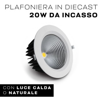 Downlight COB Plafoniera da Incasso 20W 1800lm IP20 60D Foro 145mm Colore Bianco