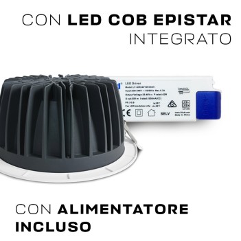 Downlight COB Plafoniera da Incasso 20W 1800lm IP20 60D Foro 145mm Colore Bianco