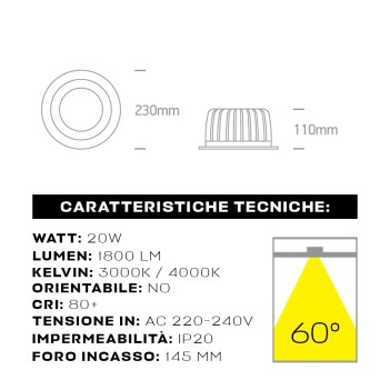 Downlight COB Plafoniera da Incasso 20W 1800lm IP20 60D Foro 145mm Colore Bianco