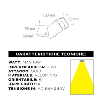 Faretto da Soffitto con Attacco GU10 Serie ADJ SQUARE 196mm D58x58 Spotlight Orientabile Colore Nero