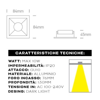 Square recessed spotlight holder with GU10 socket IP20 hole 76 mm CHILL-OUT SERIES Desing Dark Light White