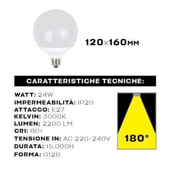 Led bulb G120 connection E27 24W 2200lm 3000K