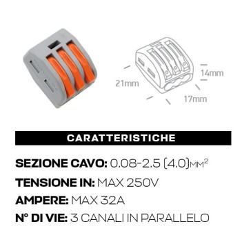 Morsetto elettrico connettore rapido serrafili 3 vie 32A 250V