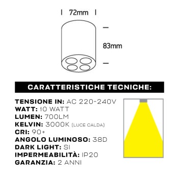 CYLINDER | Faretto da Soffitto 10W 3000K IP20 Spotlight bianco