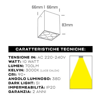 10W 3000K IP20 SQUARE Series 83x66mm Spotlight white