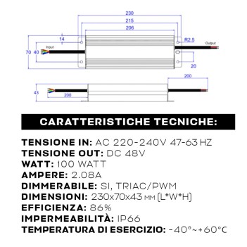 Alimentatore SCPOWER 100W 48V IP66 Dimmerabile TRIAC Taglio