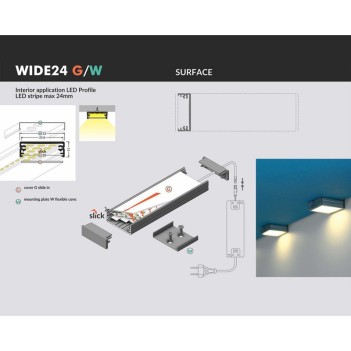 WIDE24 Aluminum Profile for Led Strip - Anodized 2mt - Complete Kit en