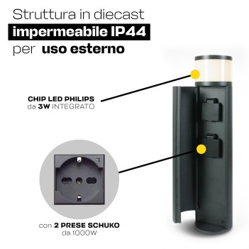 Paletto da giardino 3W con presa schuko impermeabile IP44