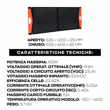 Pannello solare portatile ripiegabile 100W monocristallino