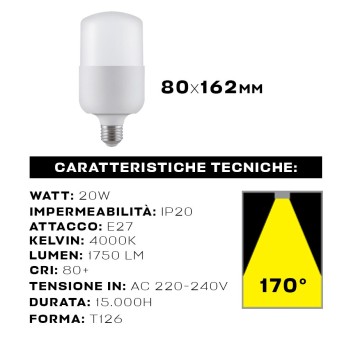 Lampadina Led Bulbo T126 Attacco E27 20W 1750lm 4000K su