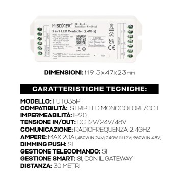 MiBoxer Mi Light FUT035S+ 20A RF Receiver for Single Colour Led Strip and CCT