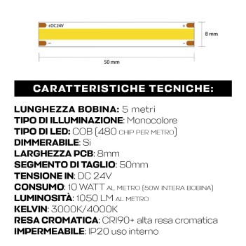 Striscia Led COB CRI90 50W 5250lm 24V IP20 PCB 8mm Chip Led