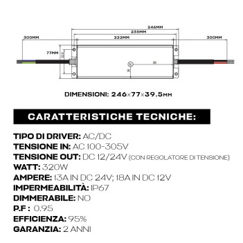 Alimentatore MeanWell 320W 12/24V IP67 XLG-320-V-A tensione regolabile