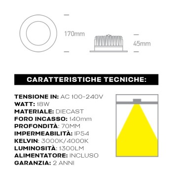 Downlight Plafoniera da Incasso 18W 1300lm IP54 Foro 140mm