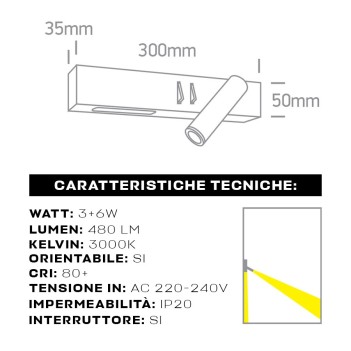 Lampada Led Applique zona notte 3+6W 480lm Nera con